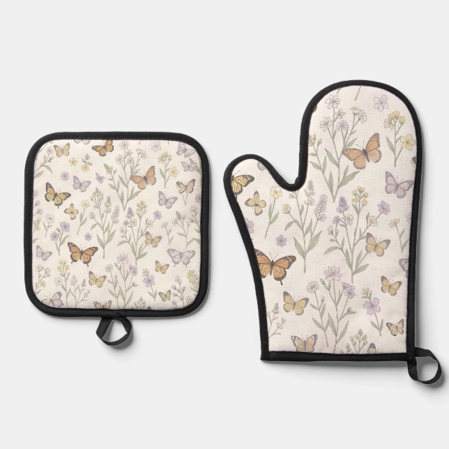Pastel Wildflowers Butterflies Meadow Botanical  Oven Mitt & Pot Holder Set (Front)