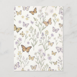 Pastel Wildflowers Butterflies Meadow Botanical Postcard