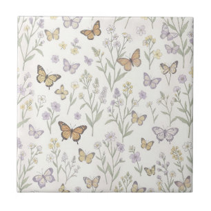 Pastel Wildflowers Butterflies Meadow Botanical Tile