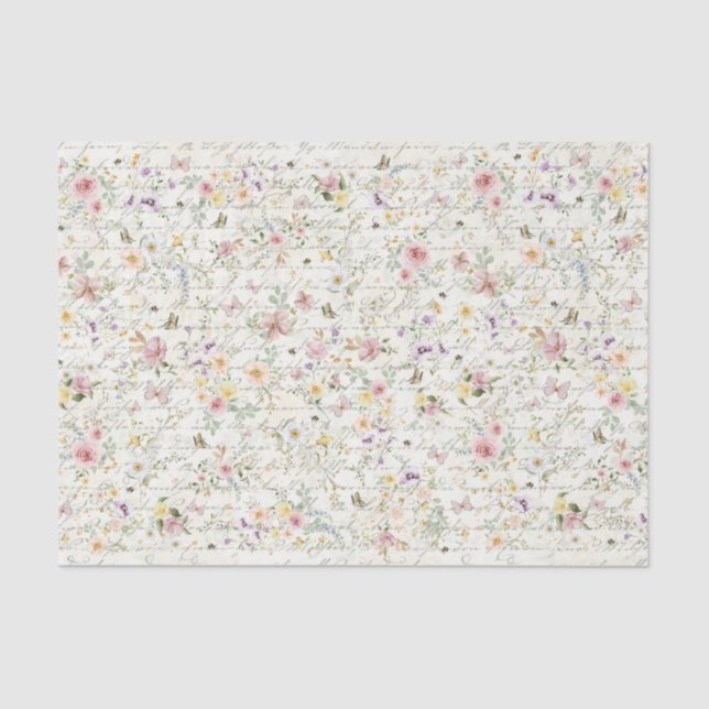 Pastel Wildflowers Handwriting Script Decoupage Tissue Paper (Front)