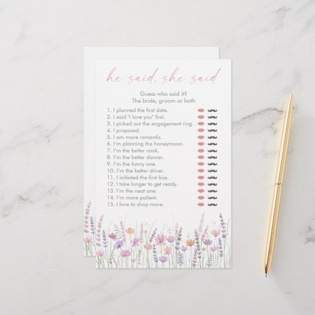 Pastel Wildflowers He Said She Said Bridal Game (Front/Back In Situ)