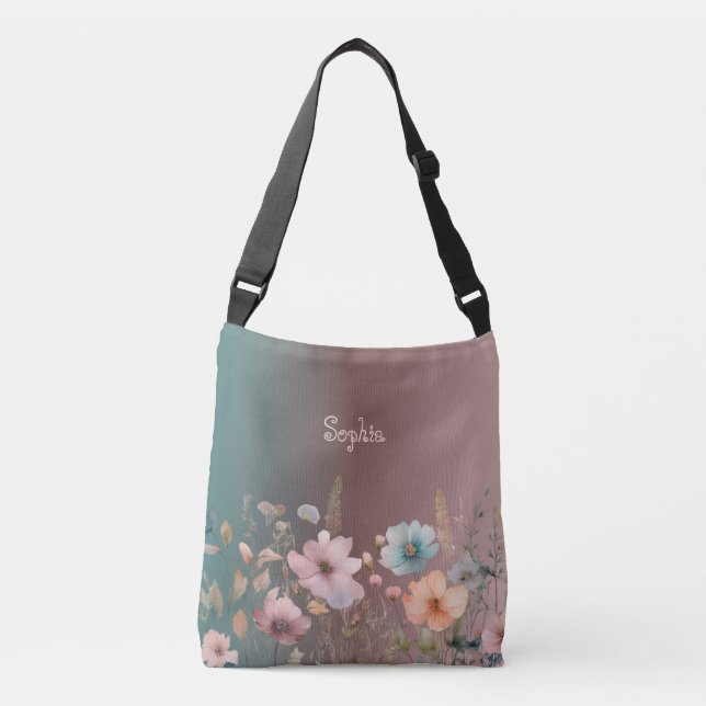 Pastel Wildflowers Spring Personalise Gradient Crossbody Bag (Front)