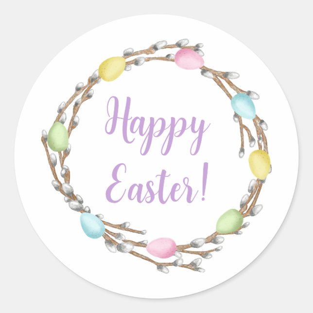 Pastel Willow Wreath Colorful Happy Easter Classic Round Sticker (Front)