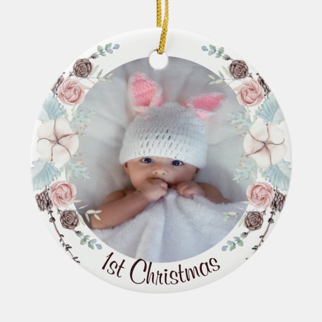 Pastel Winter Floral Babys First Christmas Ceramic Tree Decoration (Front)