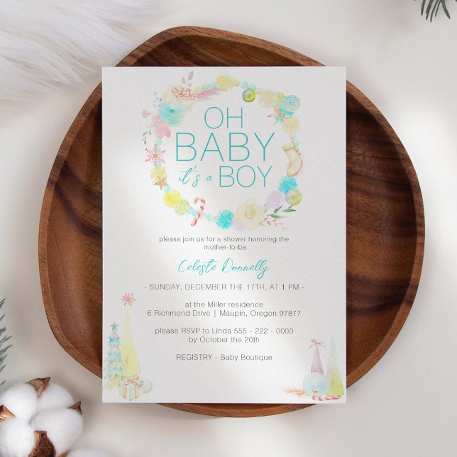 Pastel Winter Wonderland Oh Baby Boy Shower Invitation (Creator Uploaded)