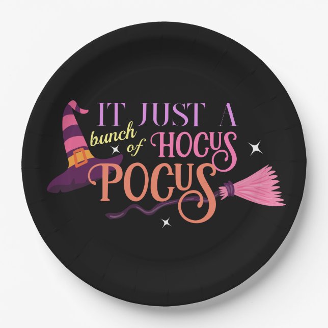 Pastel Witch Hocus Pocus Halloween Hat Broomstick Paper Plate (Front)