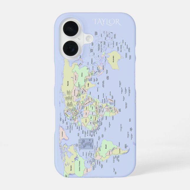 Pastel World Map – Personalized iPhone 16 Case (Back)