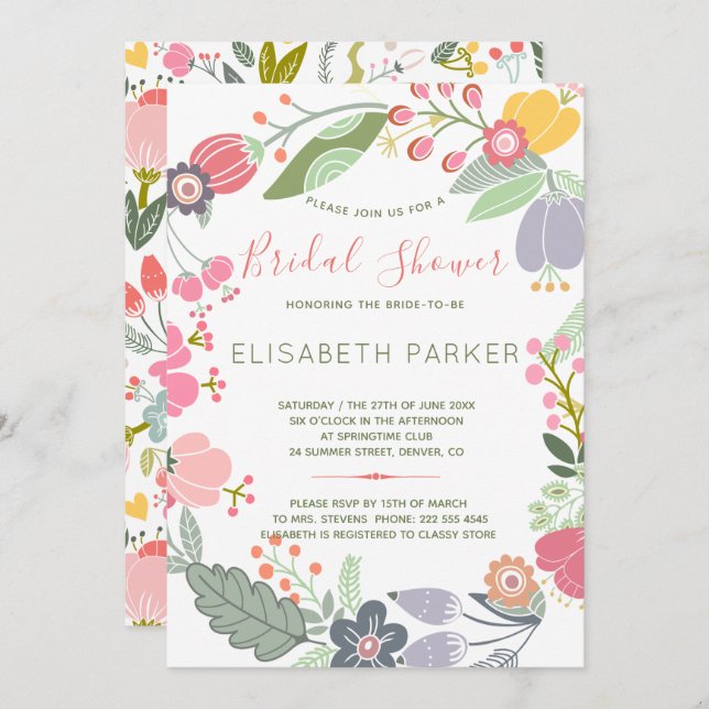 Pastel wreath of meadow blooms bridal shower invitation (Front/Back)