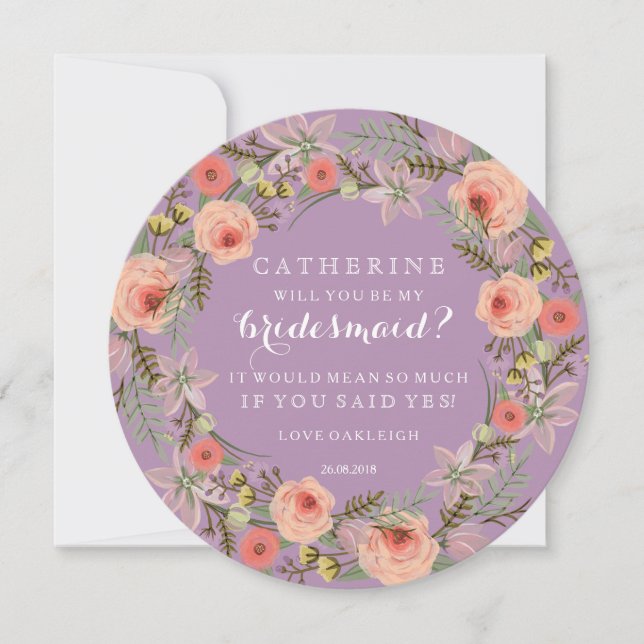 Pastel Wreath Will You Be My Bridesmaid | Lilac Invitation (Front)
