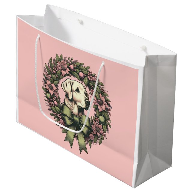 Pastel Xmas Yellow Labrador Wreath Large Gift Bag (Front Angled)