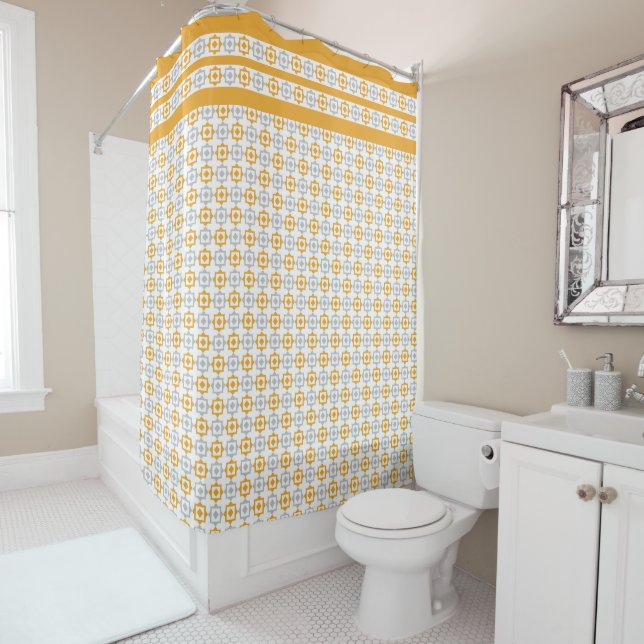 Pastel Yellow And Grey Squares Shower Curtain (In Situ)