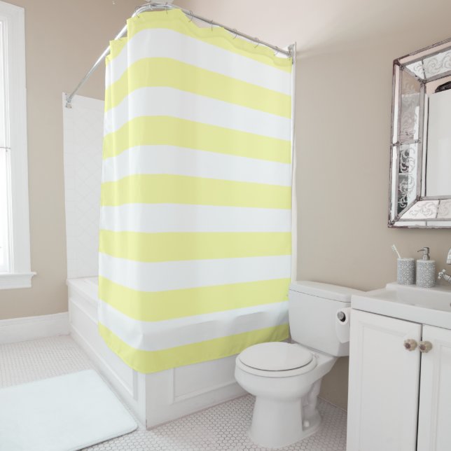 Pastel Yellow and White Stripes Shower Curtain (In Situ)