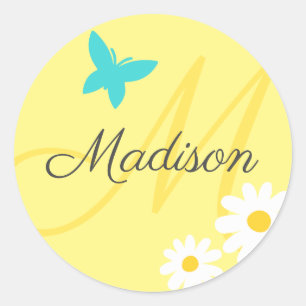 Pastel Yellow Butterfly Daisy Cute Custom Name Classic Round Sticker