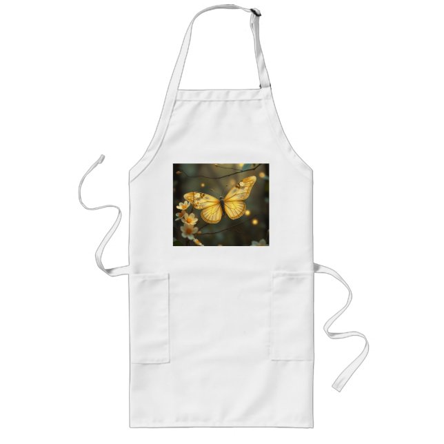 Pastel Yellow Butterfly with Twigs and Flowers Long Apron (Front)