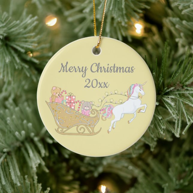 Pastel Yellow Christmas Unicorn Santa's Sleigh Ceramic Tree Decoration (Tree)