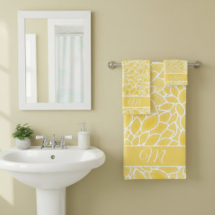 Pastel yellow dahlias monogram bath towel set
