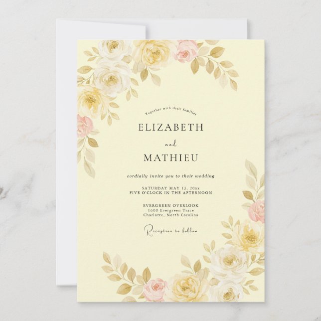 Pastel Yellow Floral Embrace Wedding Invitation (Front)