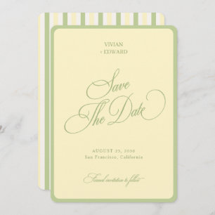 Pastel Yellow Green Stripes Border Retro Wedding Save The Date