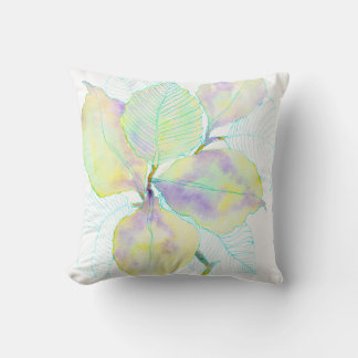 Pastel Yellow Green Watercolor Botanical Leaves Cushion