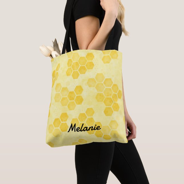 Pastel Yellow Honeycomb Pattern Personalised Tote Bag (Close Up)