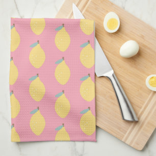 Pastel Yellow Lemons Pattern on Pink Tea Towel