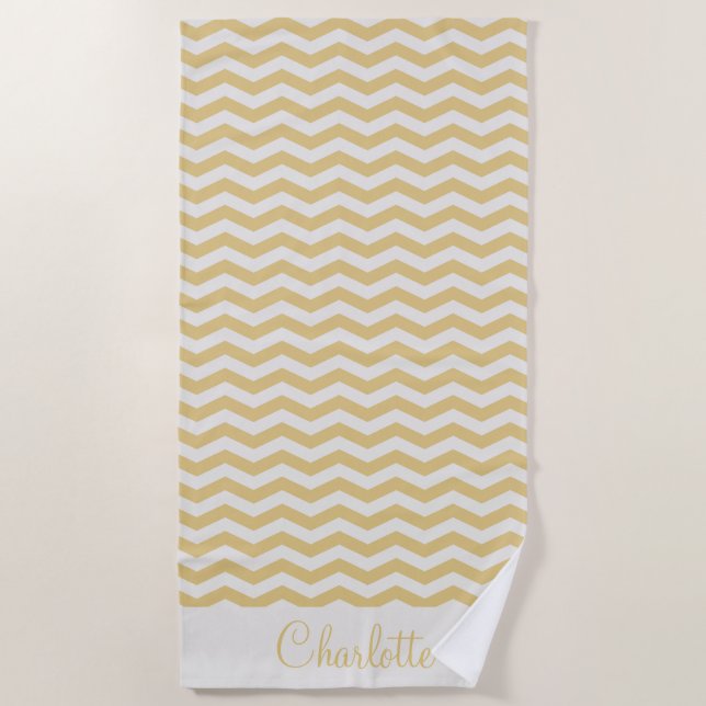 Pastel yellow name zig zag stripe geometric beach towel (Front)