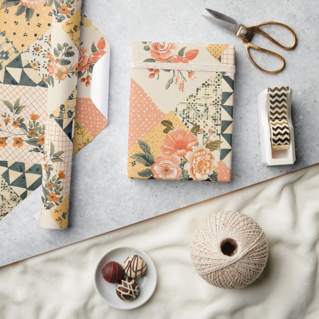 Pastel Yellow Peach Quilt Gingham Polka Dot  Wrapping Paper (Crafts)