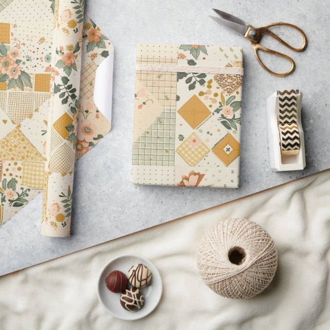 Pastel Yellow Peach Quilt Gingham Polka Dot  Wrapping Paper (Crafts)