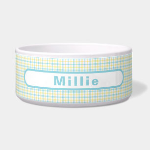 Pastel Yellow Plaid Custom Name Pet Food Water