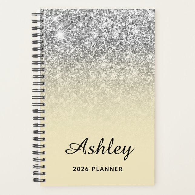 Pastel Yellow Silver Glitter Ombre Personalised Planner (Front)