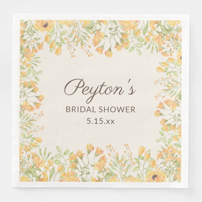 Pastel Yellow Watercolor Floral Bridal Shower  Napkin (Front)