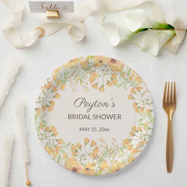 Pastel Yellow Watercolor Flowers Bridal Shower Pap Paper Plate (Wedding)