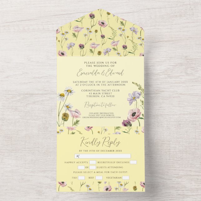 Pastel Yellow Wild Flower Boho Botanical Wedding  All In One Invitation (Inside)