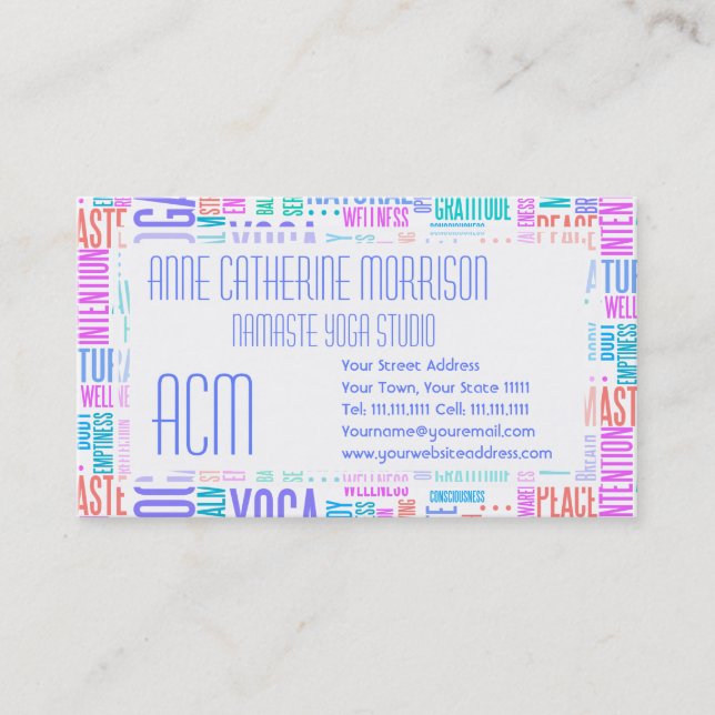 Pastel Yoga Word Cloud Elegant Pattern Business Card (Front)