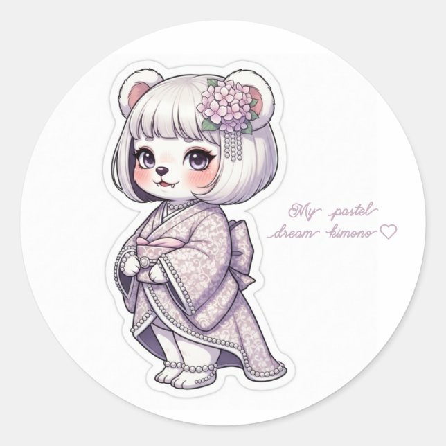 Pastel Yukata Bear - Frilly Purple&Pearl Elegance Classic Round Sticker (Front)