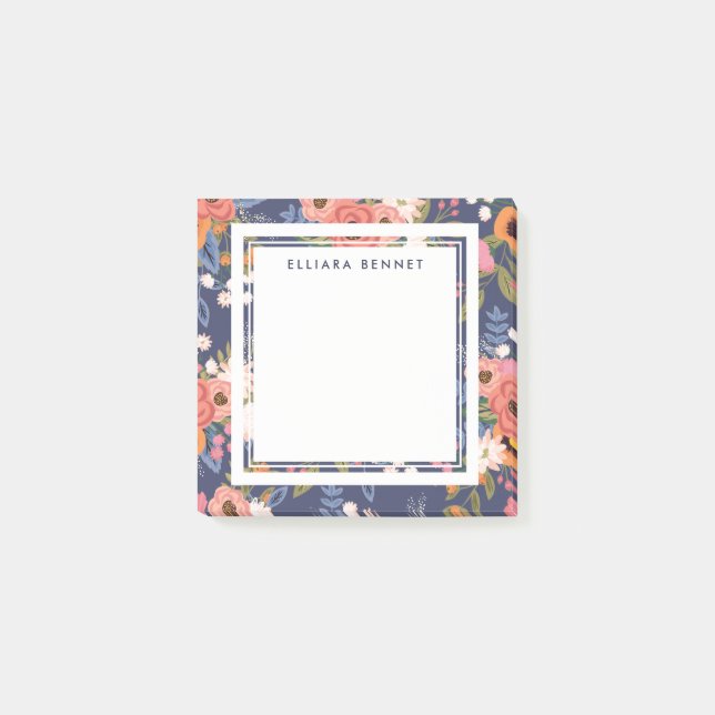 Pastels Dark Blue Boho Floral Pattern Custom Name Post-it Notes (Front)