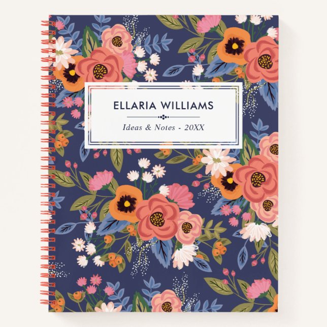 Pastels & Dark Blue Boho Floral Pattern Name Notebook (Front)
