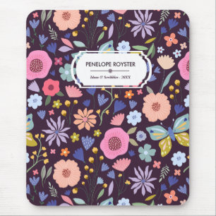 Pastels & Dark Plum Floral Pattern Name Notebook Mouse Pad