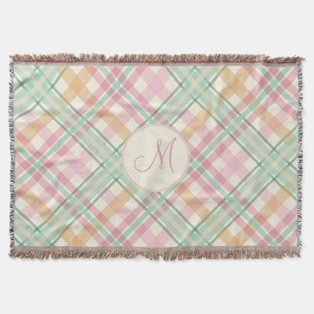pastels plaid summertime pink mint with monogram throw blanket (Front)