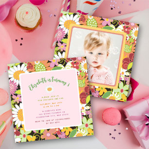 Pastels Spring Flowers Photo Girl's Birthday Party Invitation