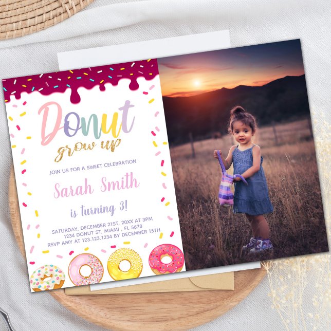Pastil Colour Doughnut Birthday Invitations with p (Pastil Color Donut Birthday Invitations with photo)