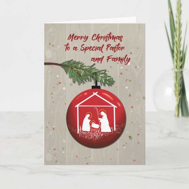 Pastor and Family Christmas Ornament with Manger Card (Front)