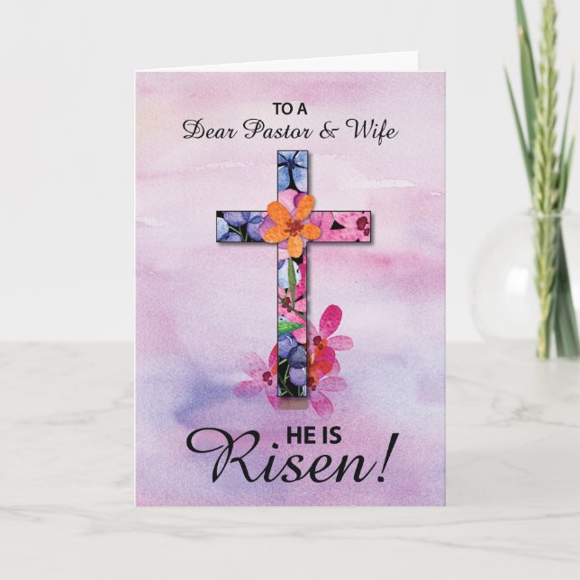 Pastor and Wife Easter He is Risen Cross Flowers Card (Front)