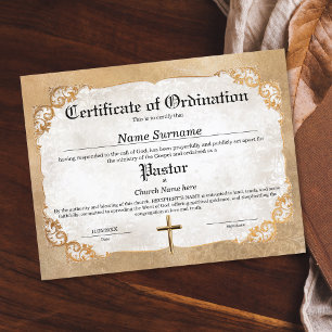 Pastor Church Certificate of Ordination