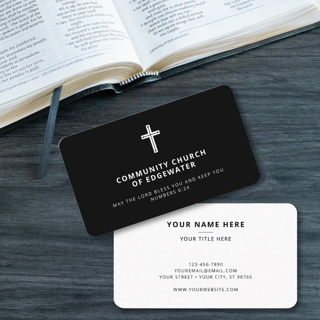 Pastor Church Modern Minimal Religious Cross Black Business Card (Creator Uploaded)