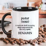 Pastor Definition Funny Religious Custom Name Mug<br><div class="desc">Bring some humour and inspiration to your day with this "Pastor Definition" custom name mug. Featuring the witty definition, "A hardcore devil stomping ninja empowered by the Holy Spirit, " this design is a perfect blend of fun and faith. Add a personalised name to make it a unique and thoughtful...</div>