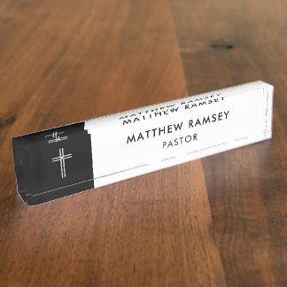 Pastor Modern Minimal Cross Black and White Church Nameplate