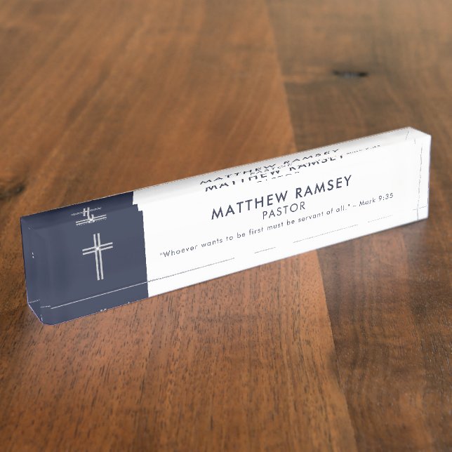 Pastor Modern Minimal Cross Scripture Navy  Nameplate (Side)