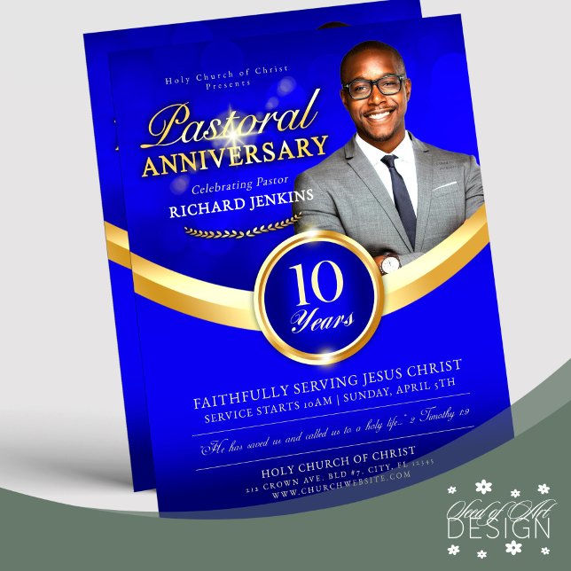 Pastoral Anniversary Blue & Gold Church Event Flyer (Creator Uploaded)