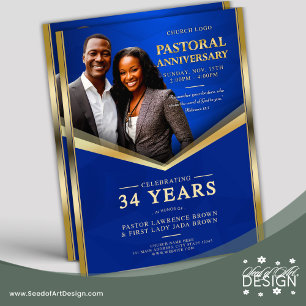 Pastoral Anniversary Blue & Gold Frame Church  Flyer